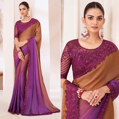 Brown & Purple Embroidered Chiffon Saree