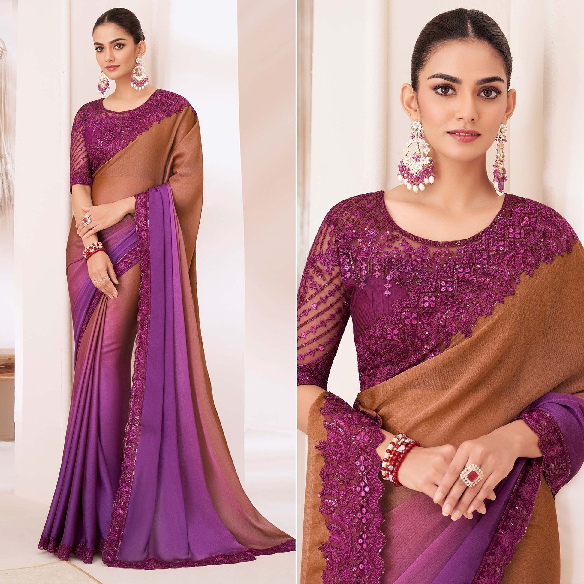 Brown & Purple Embroidered Chiffon Saree