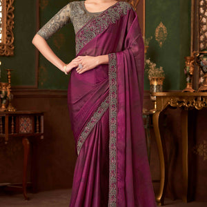 Magenta Sequins Embroidered Chiffon Saree