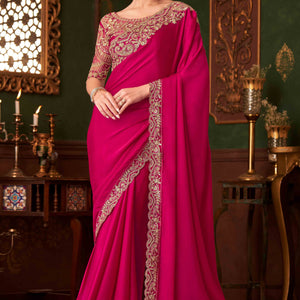 Hot Pink Sequins Embroidered Satin Saree