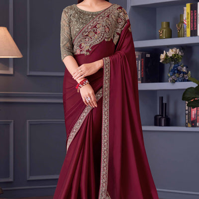Maroon Sequins Embroidered Satin Saree