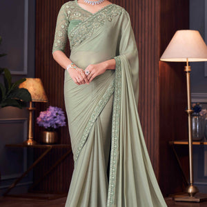 Dusty Green Sequins Embroidered Crepe Saree