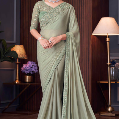 Dusty Green Sequins Embroidered Crepe Saree