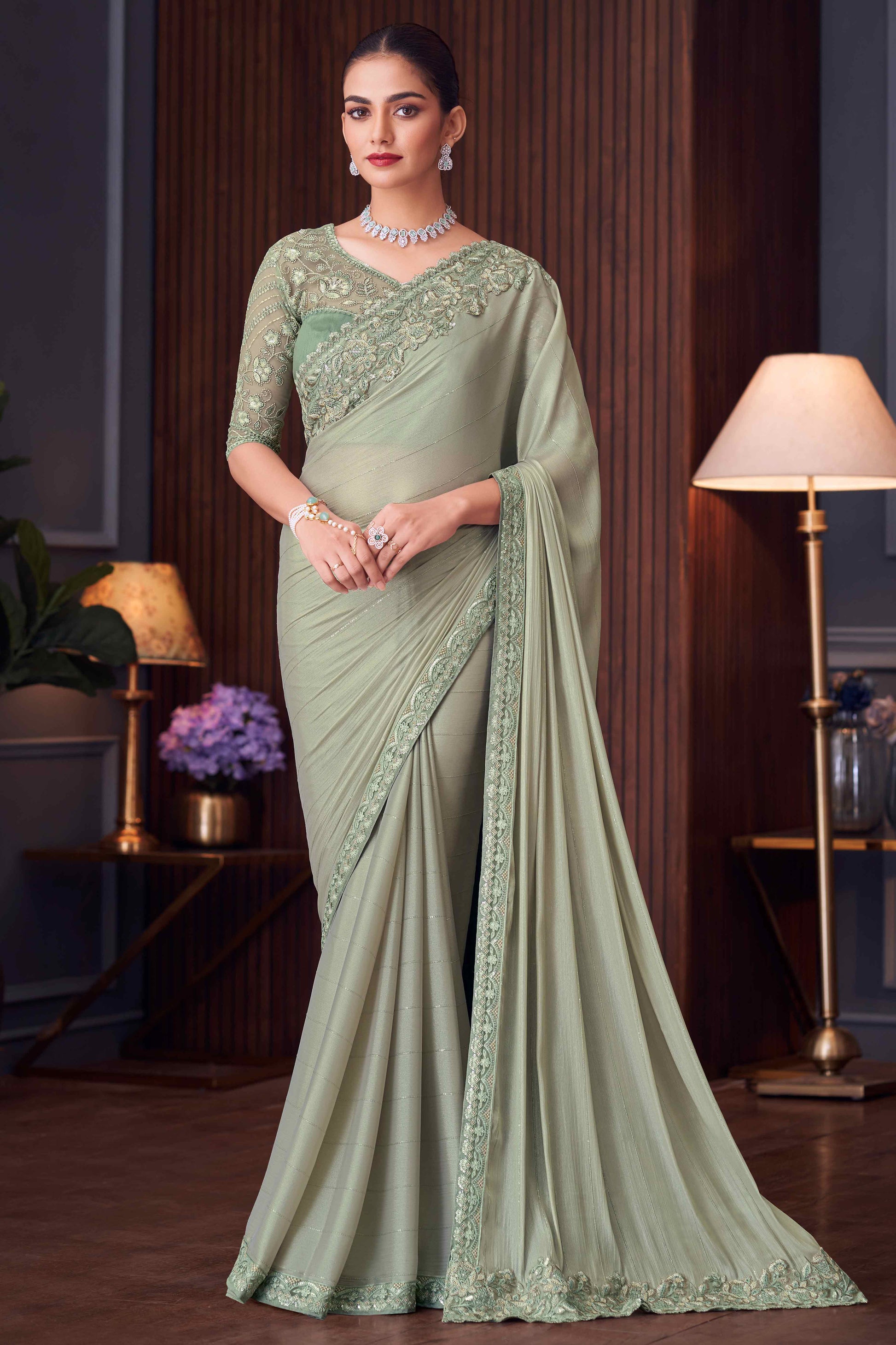 Dusty Green Sequins Embroidered Crepe Saree