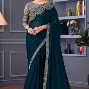 Morpich Green Sequins Embroidered Georgette Saree