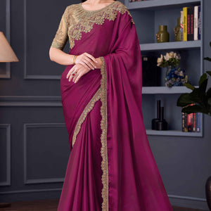 Magenta Sequins Embroidered Satin Saree