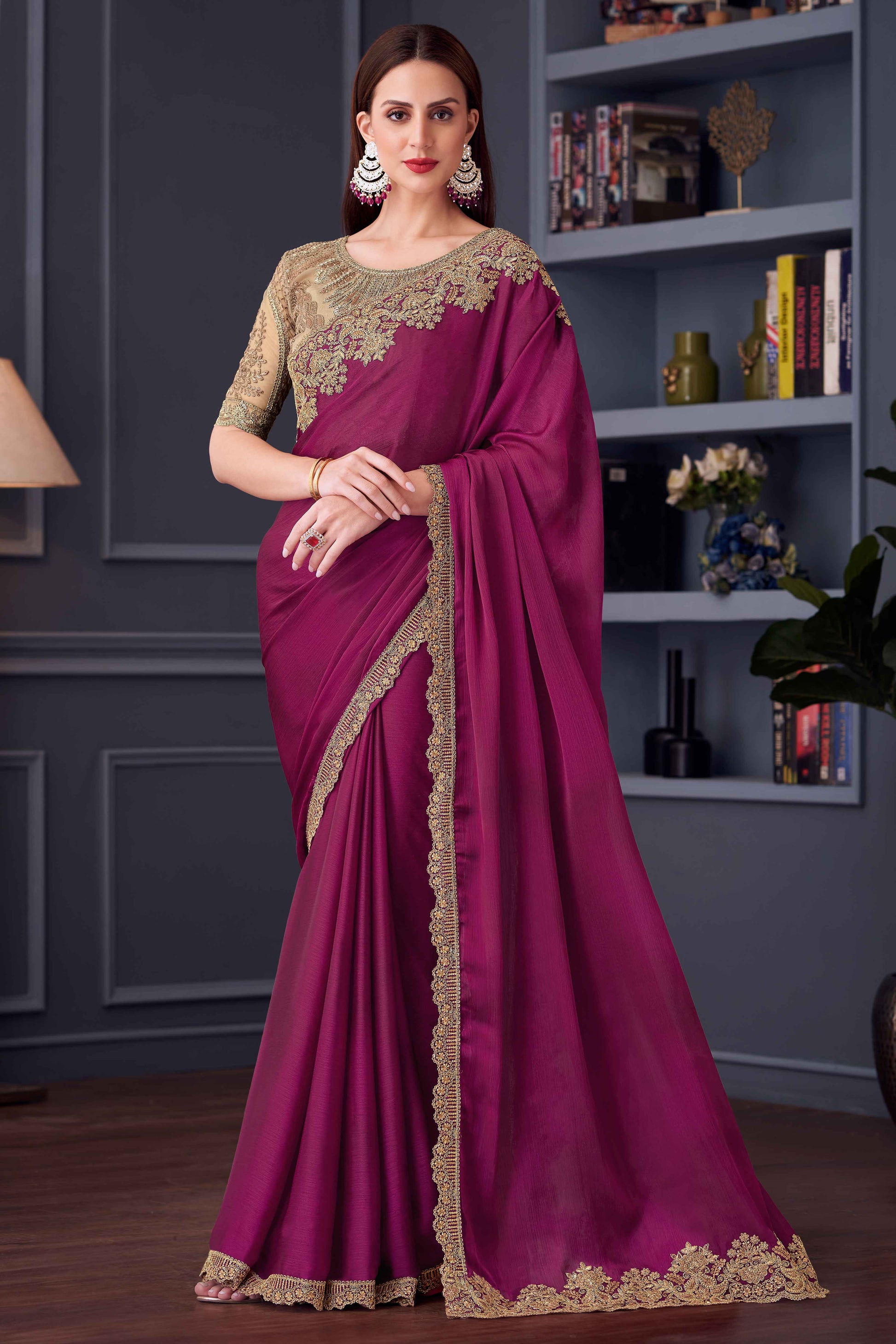 Magenta Sequins Embroidered Satin Saree