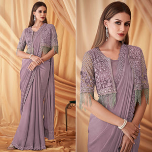 Lavender Embroidered Satin Saree With Jacket
