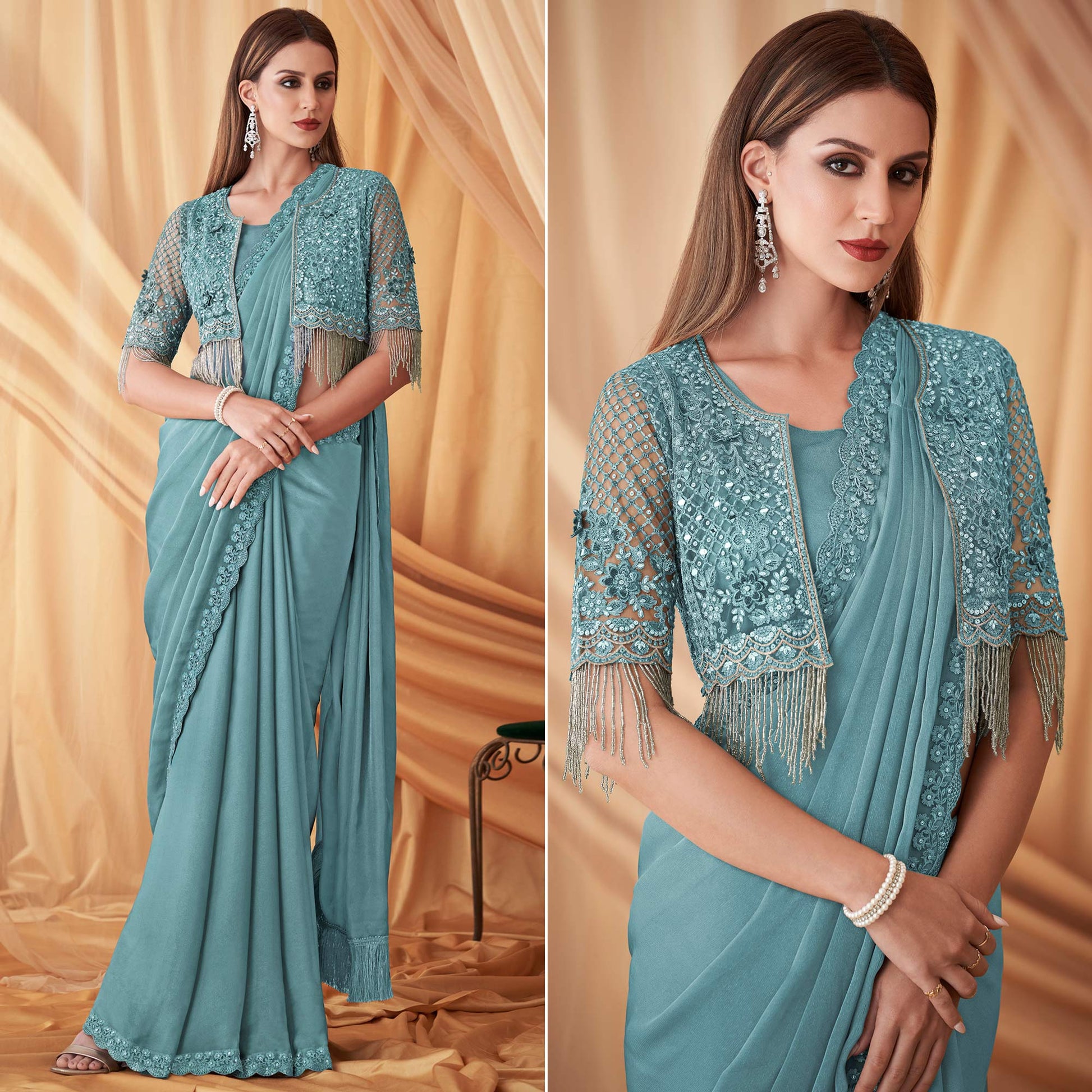 Light Blue Embroidered Satin Saree With Jacket
