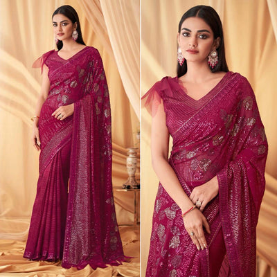 Magenta Sequins Embroidered Georgette Saree With Tassels