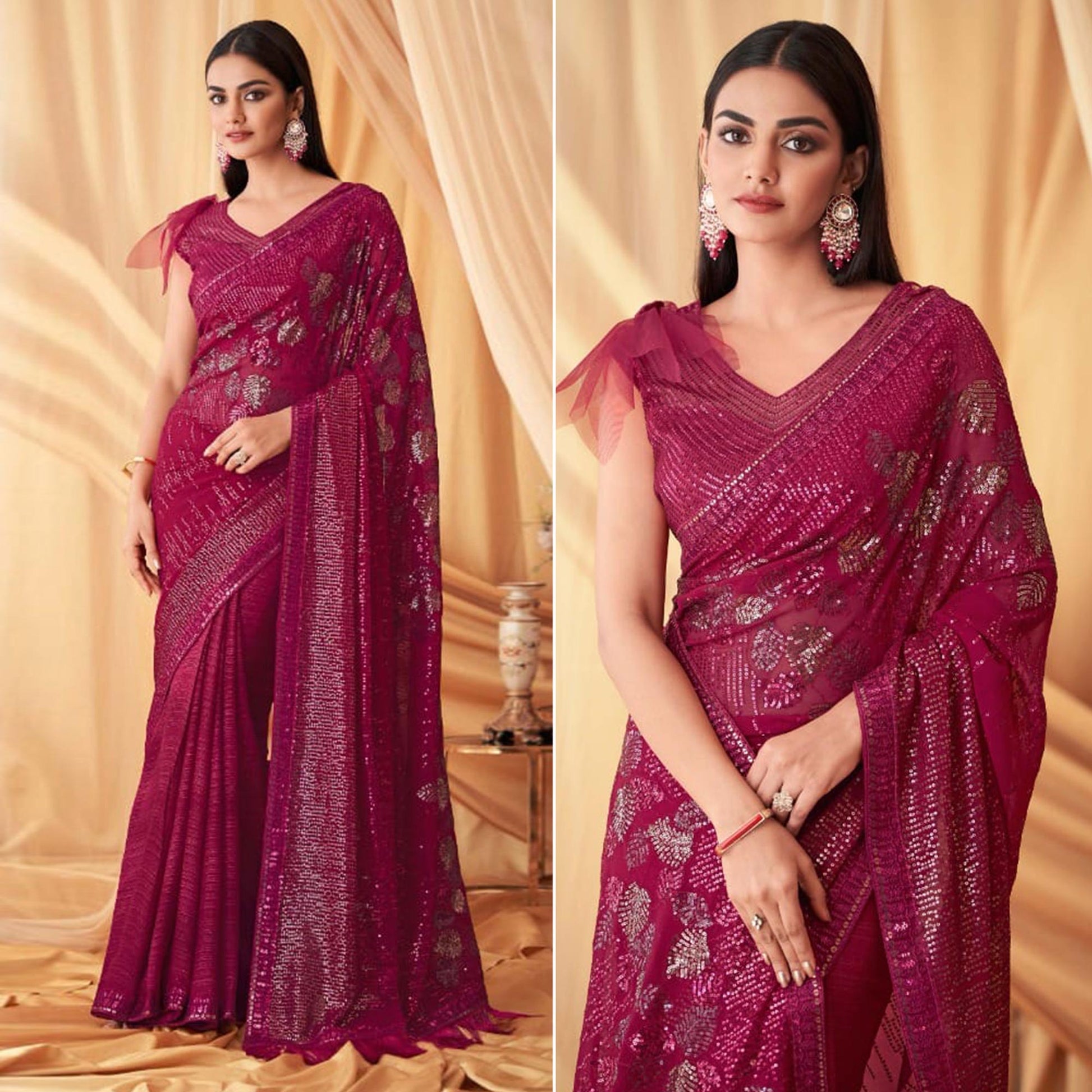 Magenta Sequins Embroidered Georgette Saree With Tassels