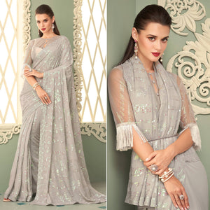 Grey Sequins Embroidered Georgette Saree
