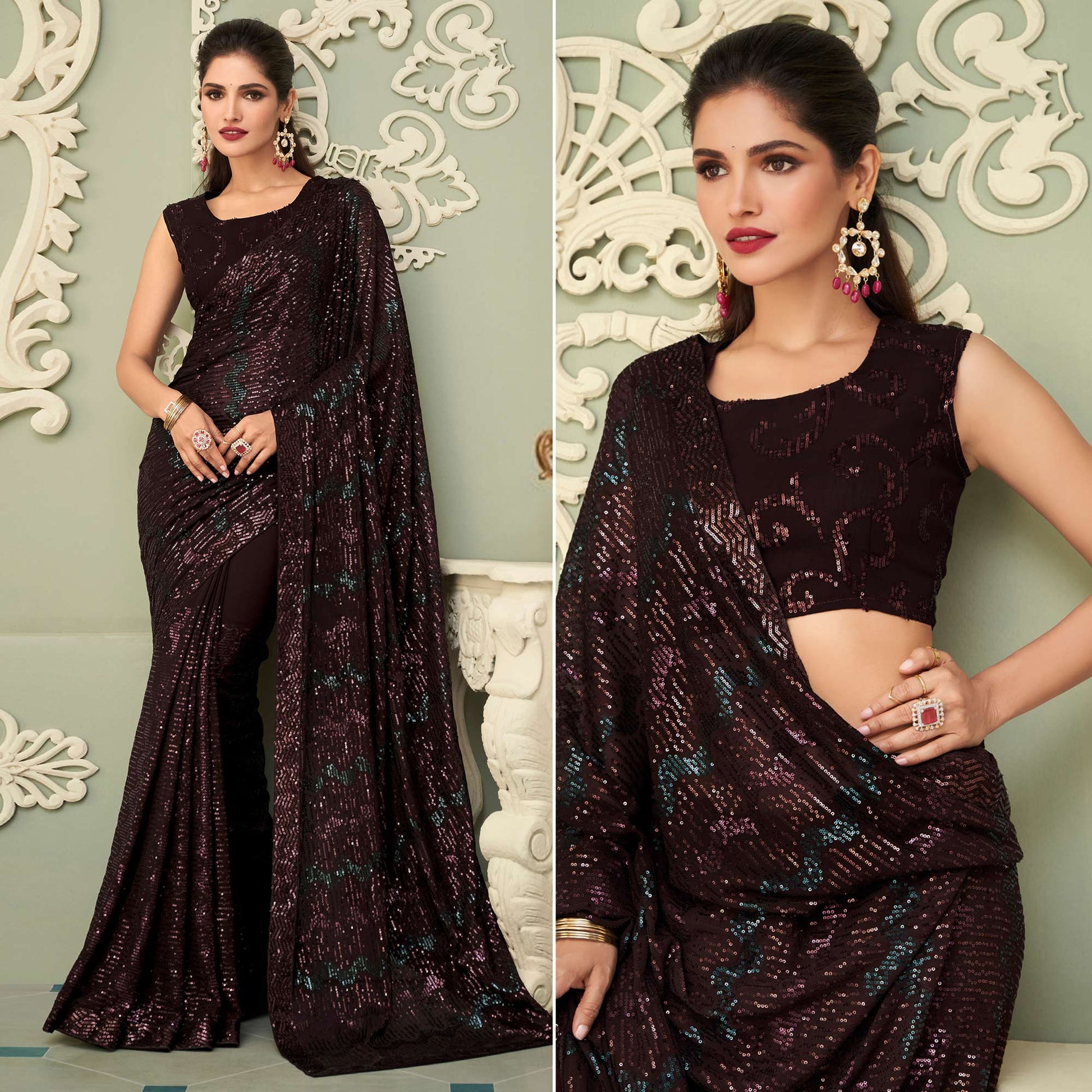 Dark Brown Sequins Embroidered Georgette Saree