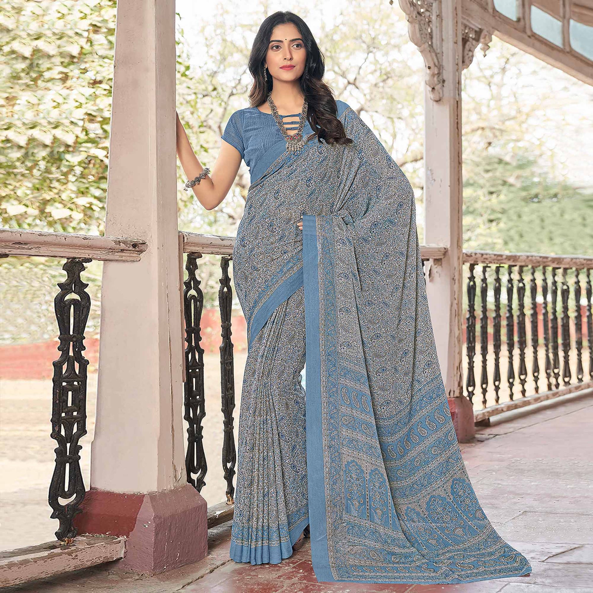 grey-blue-paisley-printed-chiffon-saree