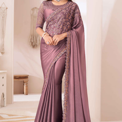 Dusty Rose Pink Sequins Embroidered Satin Saree
