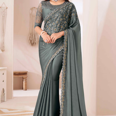 Grey Sequins Embroidered Satin Saree