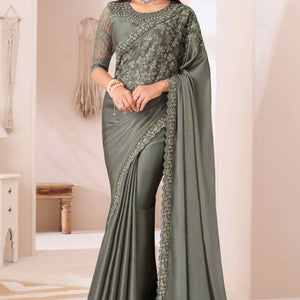 Dusty Grey Sequins Embroidered Satin Saree