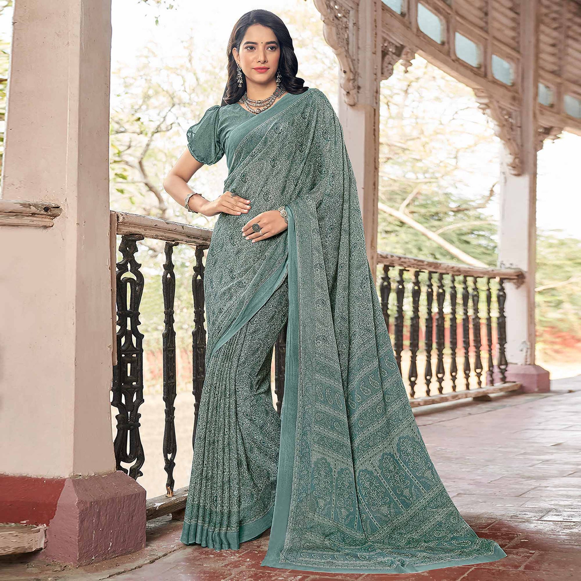 green-paisley-printed-chiffon-saree