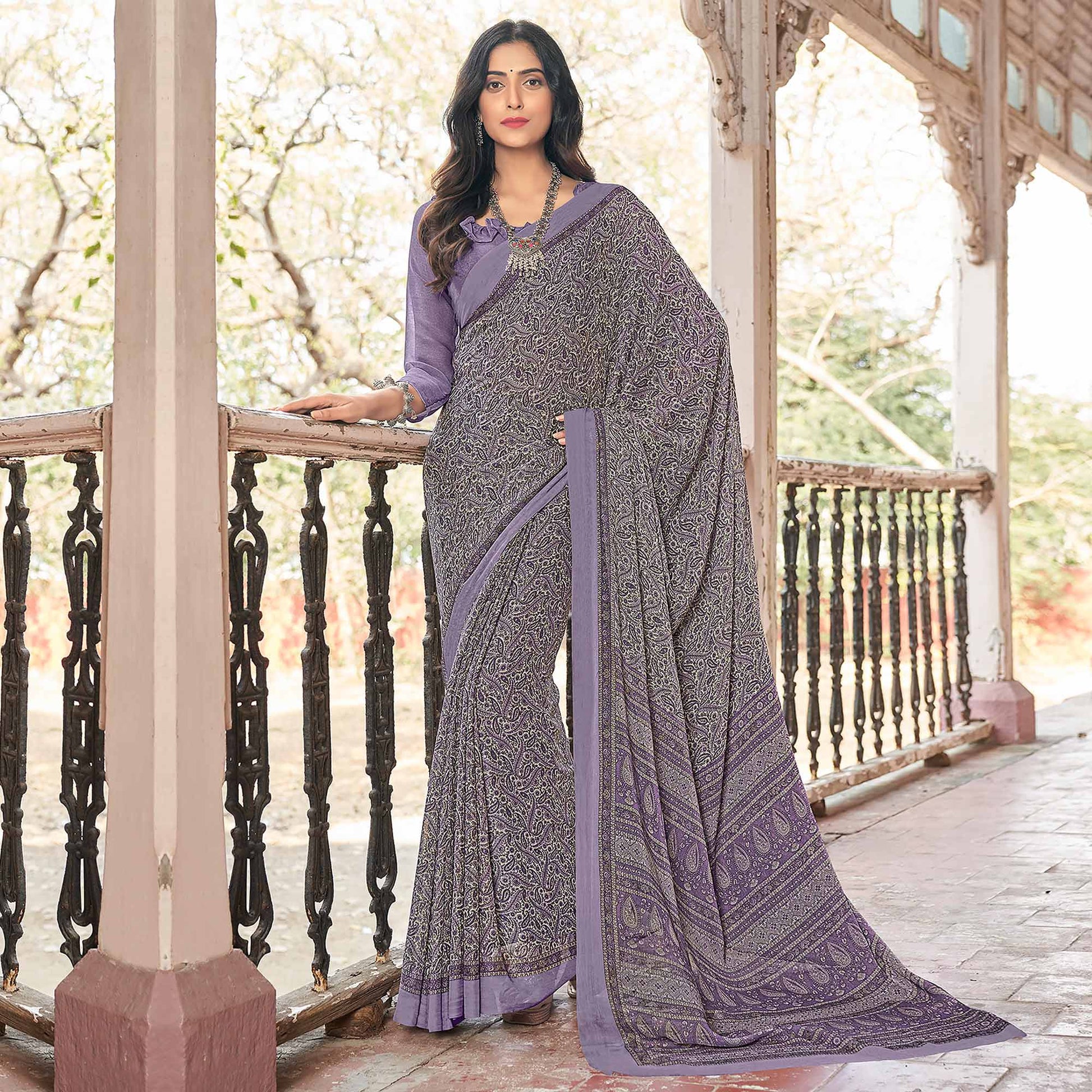 Lavender Paisley Printed Chiffon Saree