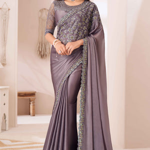 Dusty Purple Sequins Embroidered Satin Saree