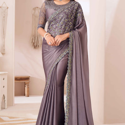 Dusty Purple Sequins Embroidered Satin Saree