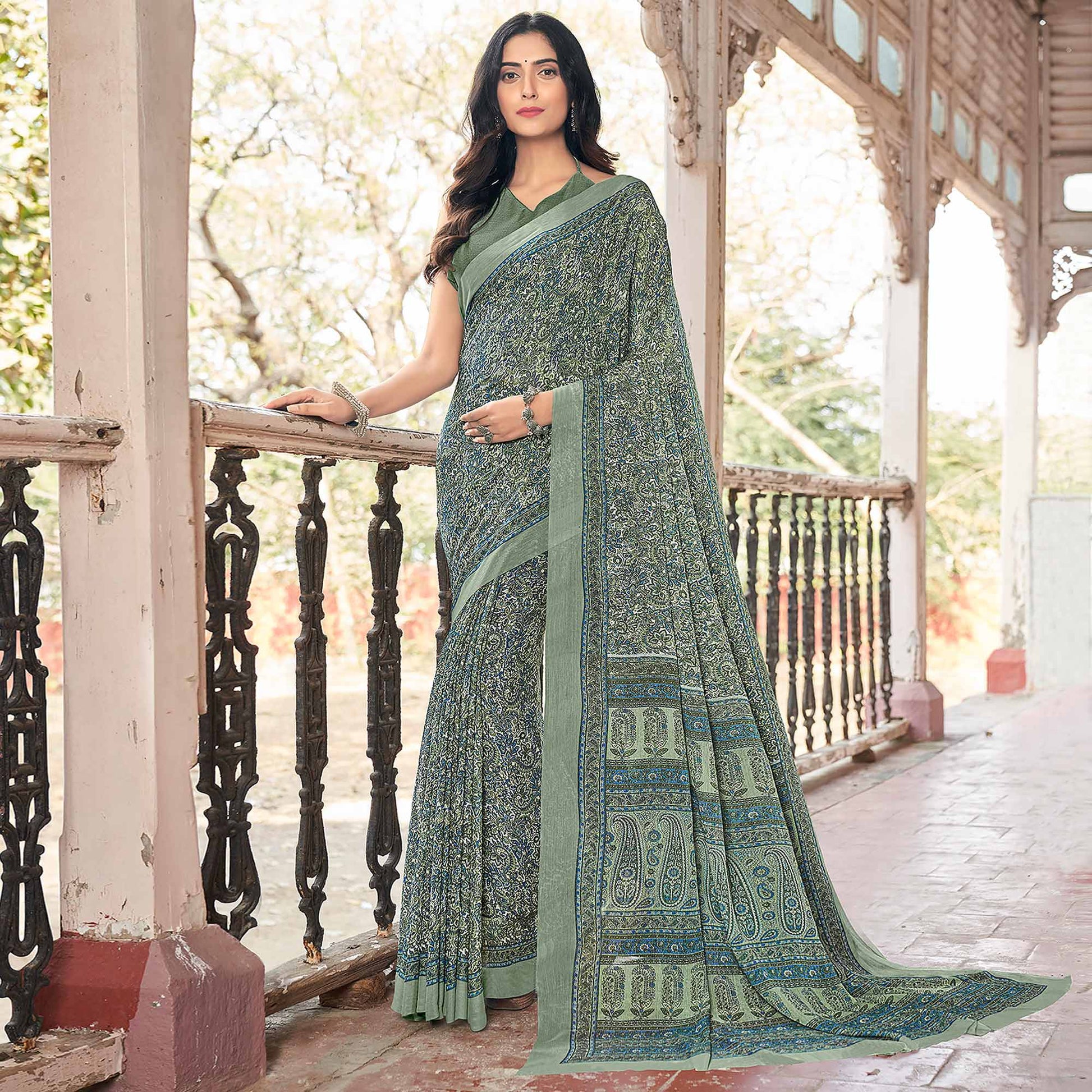 green-paisley-printed-chiffon-saree-1