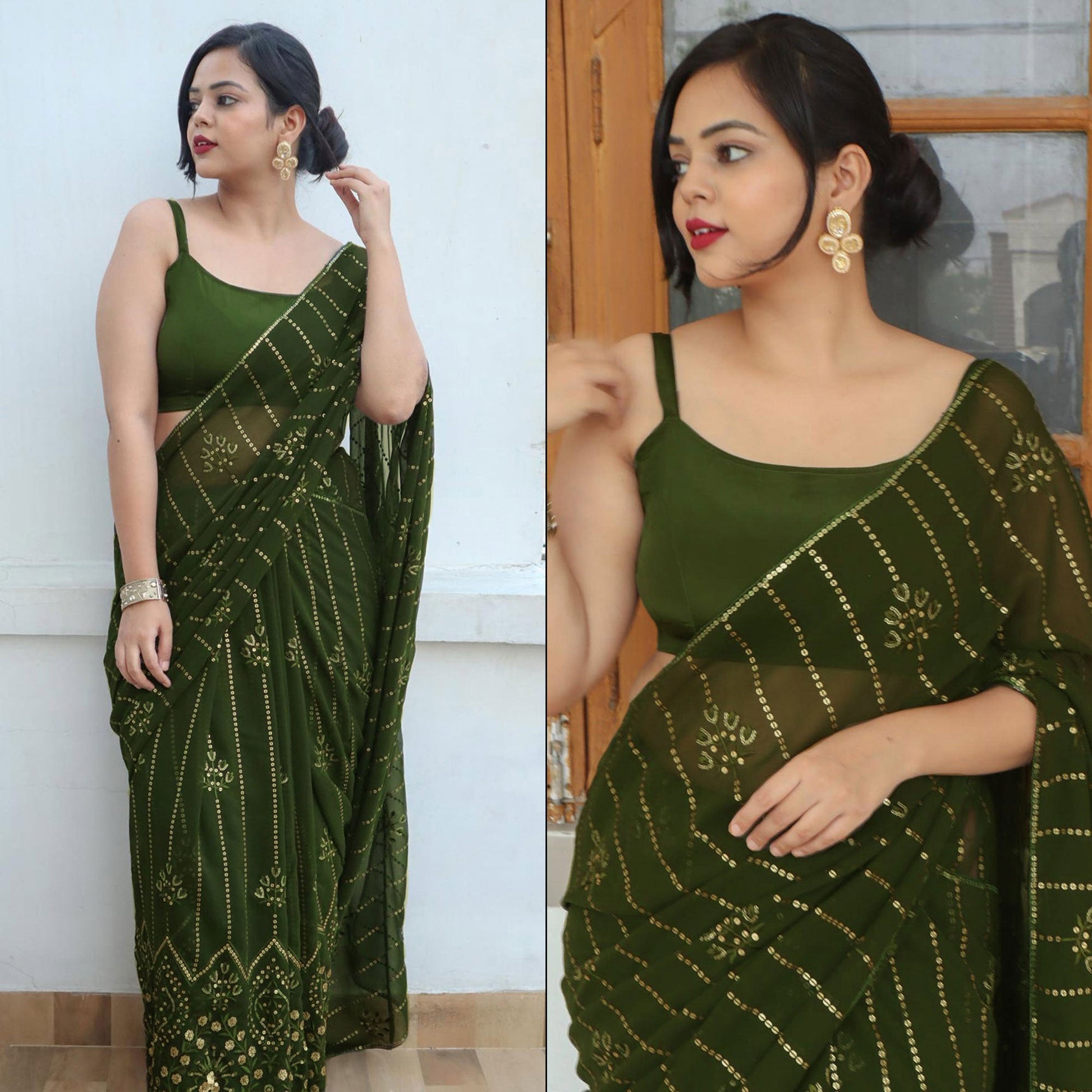 Mehandi Green Sequins Embroidered Georgette Saree