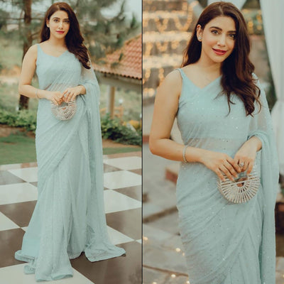 Mint Green Embroidered Georgette Saree