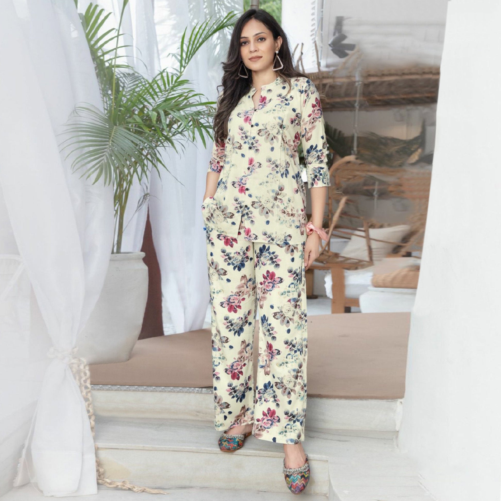 Cream Foil Printed Rayon Co Ord Set