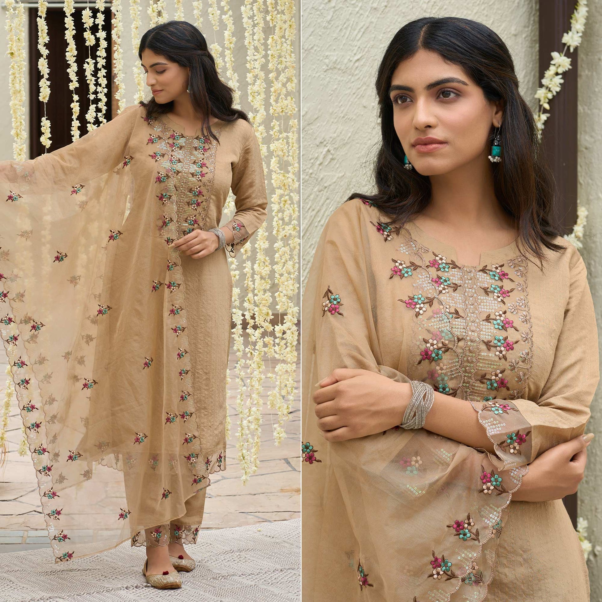 Chikoo Floral Embroidered Rayon Salwar Suit