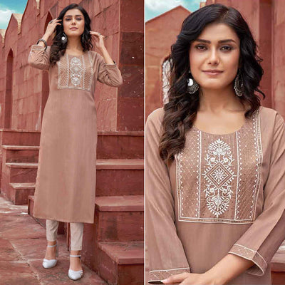 Brown Floral Embroidered Rayon Kurti