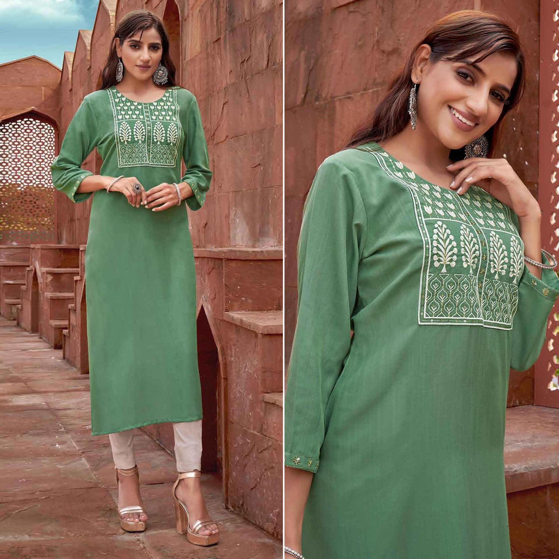 green-floral-embroidered-rayon-kurti-3