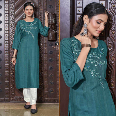 Deep Sea Green Floral Embroidered Rayon Kurti