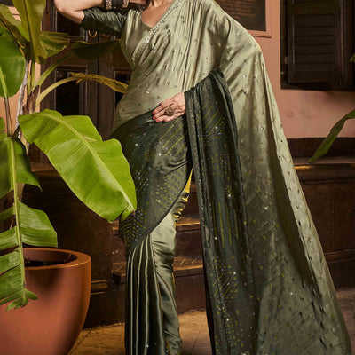Mehendi Green Swarovski Work Embroidered Ombre Satin Saree
