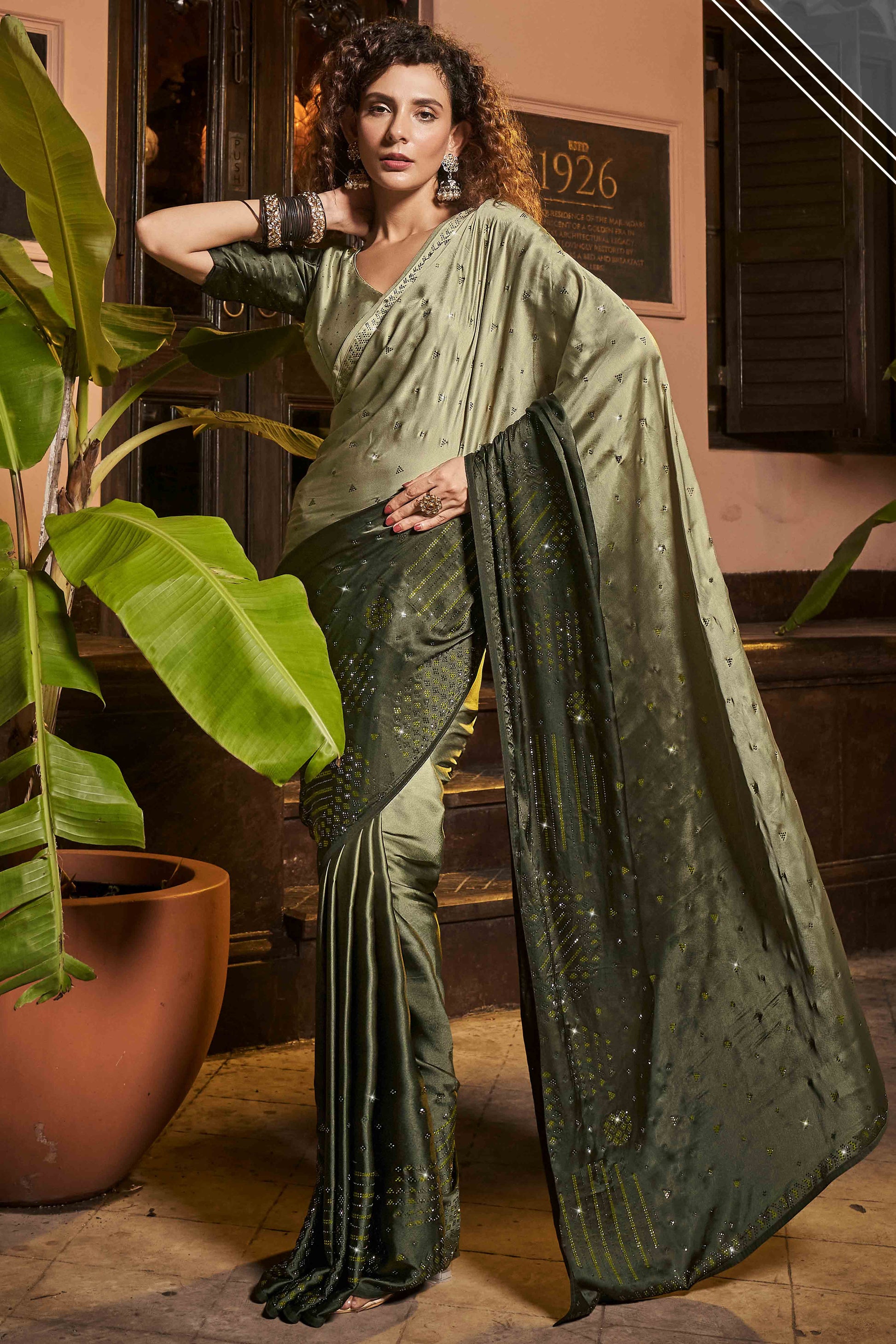 Mehendi Green Swarovski Work Embroidered Ombre Satin Saree