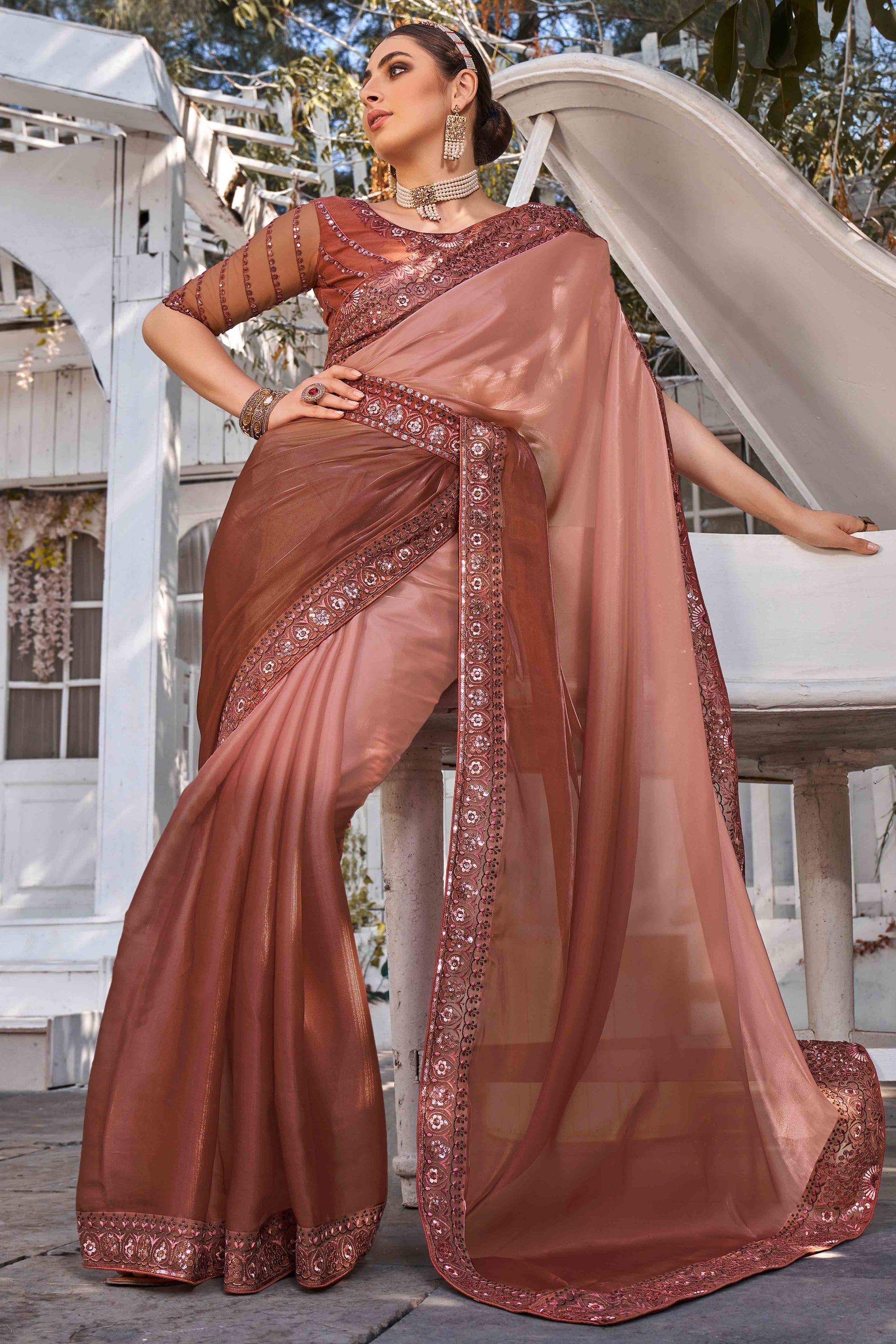 Brown Sequins With Floral Embroidered Georgette Saree