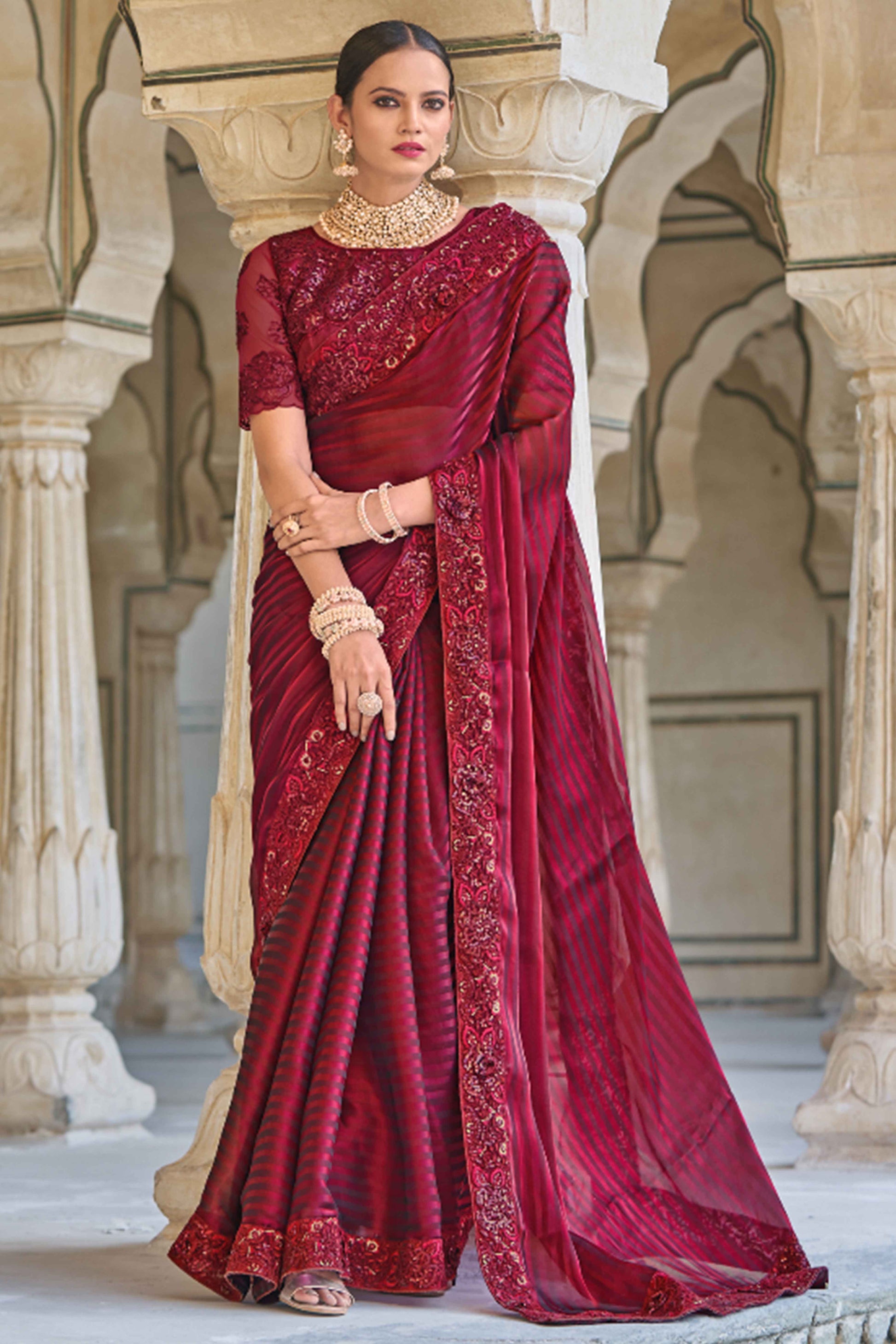 Maroon Sequins Embroidered Georgette Saree