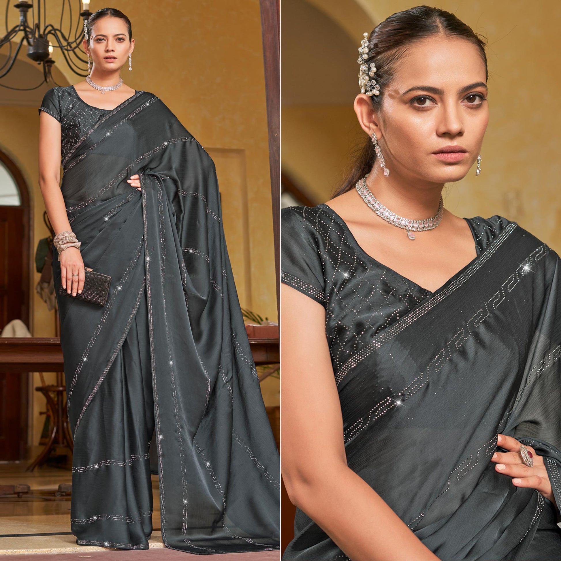 Grey Swarovski Work Georgette Saree