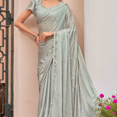 Grey Swarovski Work Embroidered Satin Saree