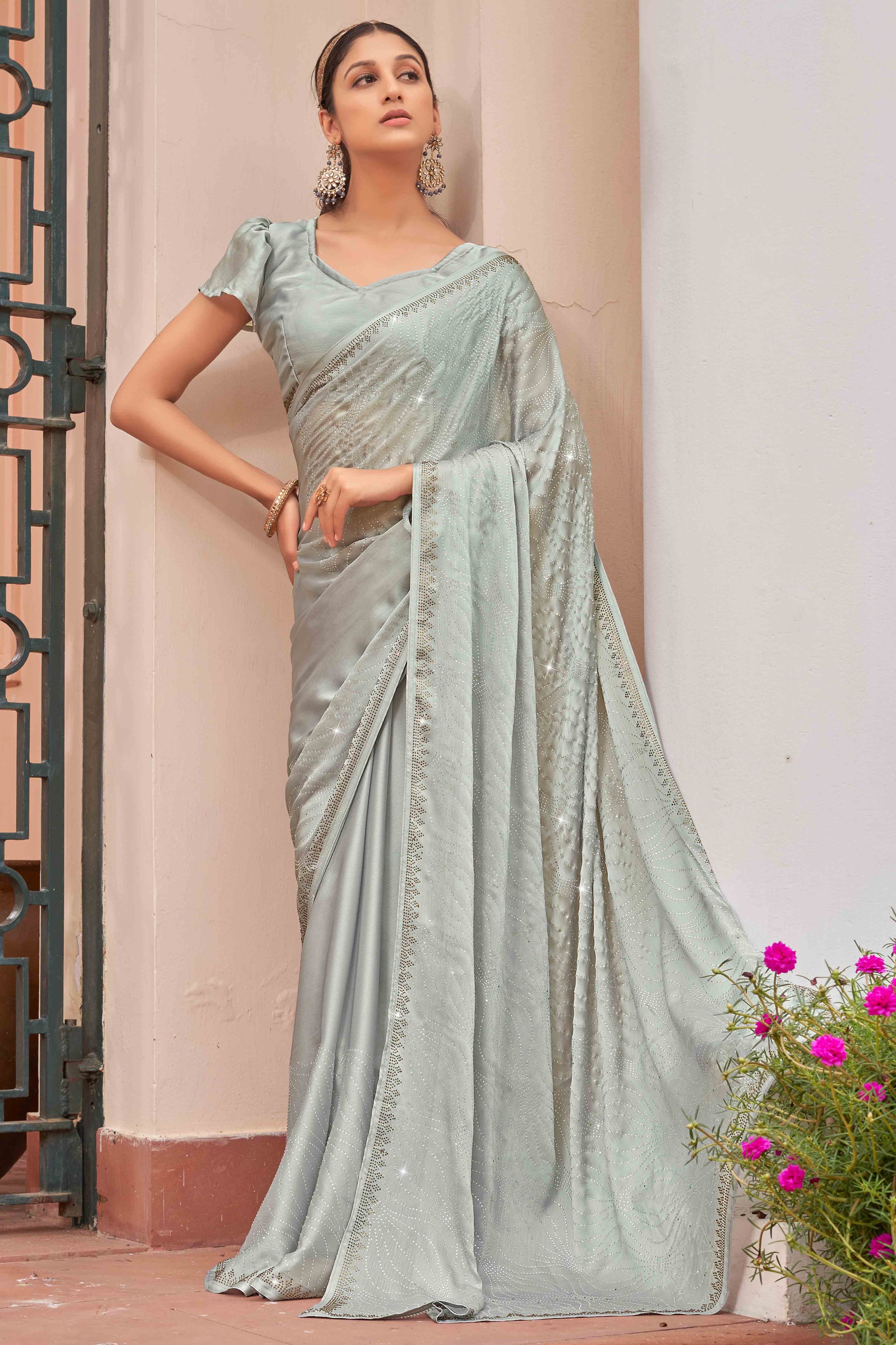 Grey Swarovski Work Embroidered Satin Saree