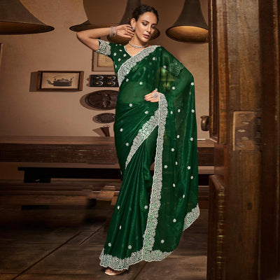 Bottle Green Sequins With Embroidered Chiffon Saree