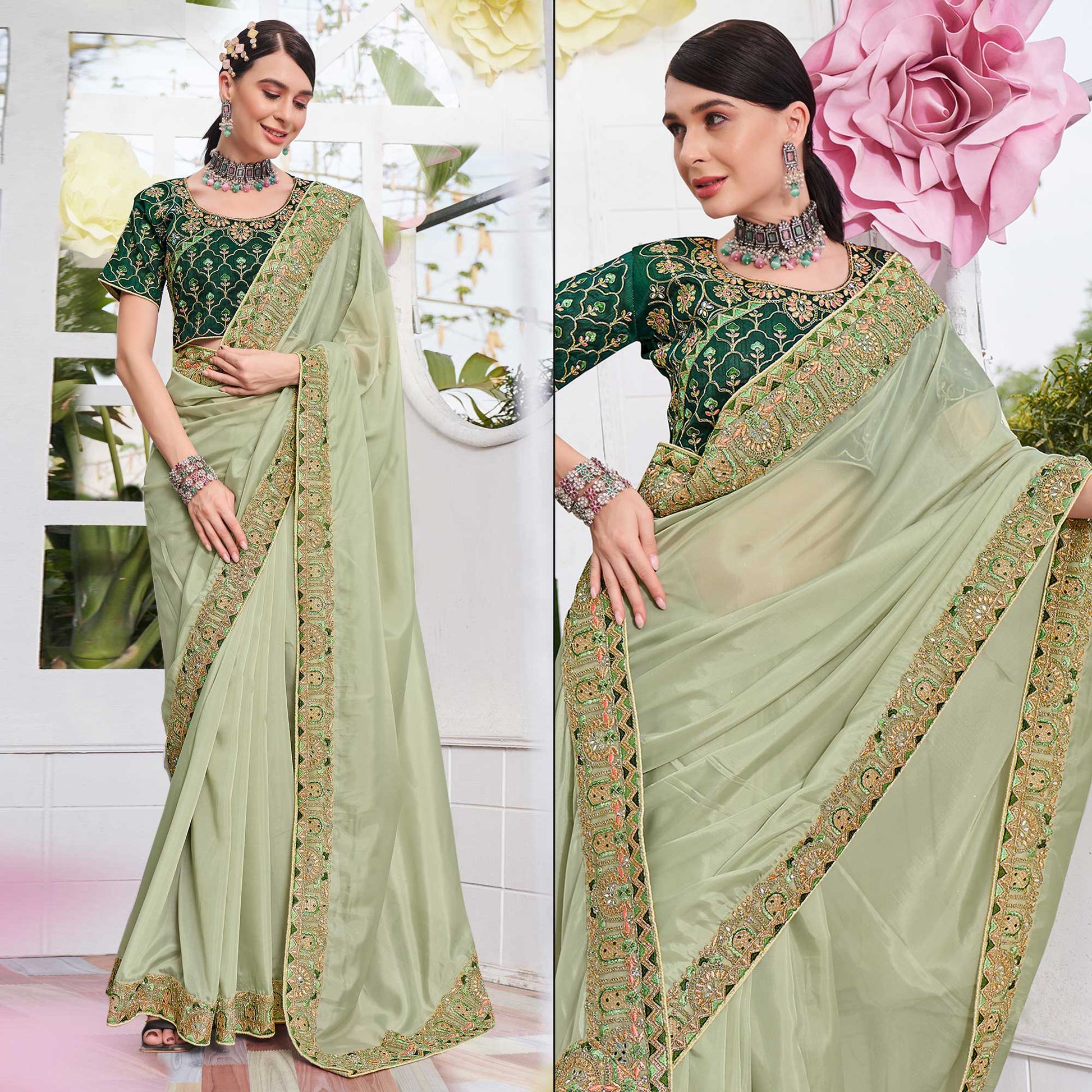green-solid-with-embroidered-border-organza-saree