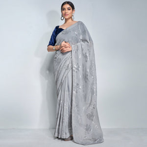 Grey Sequins Embroidered Georgette Saree