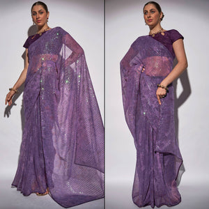 Lavender Ombre Print Sequence Work Georgette Saree