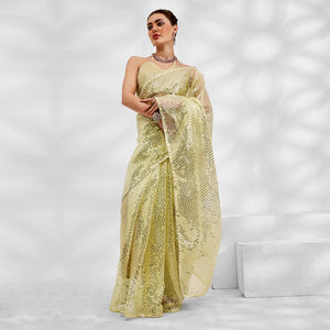 Lemon Yellow Embroidered Sequinned Organza Saree