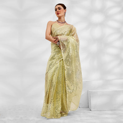 Lemon Yellow Embroidered Sequinned Organza Saree