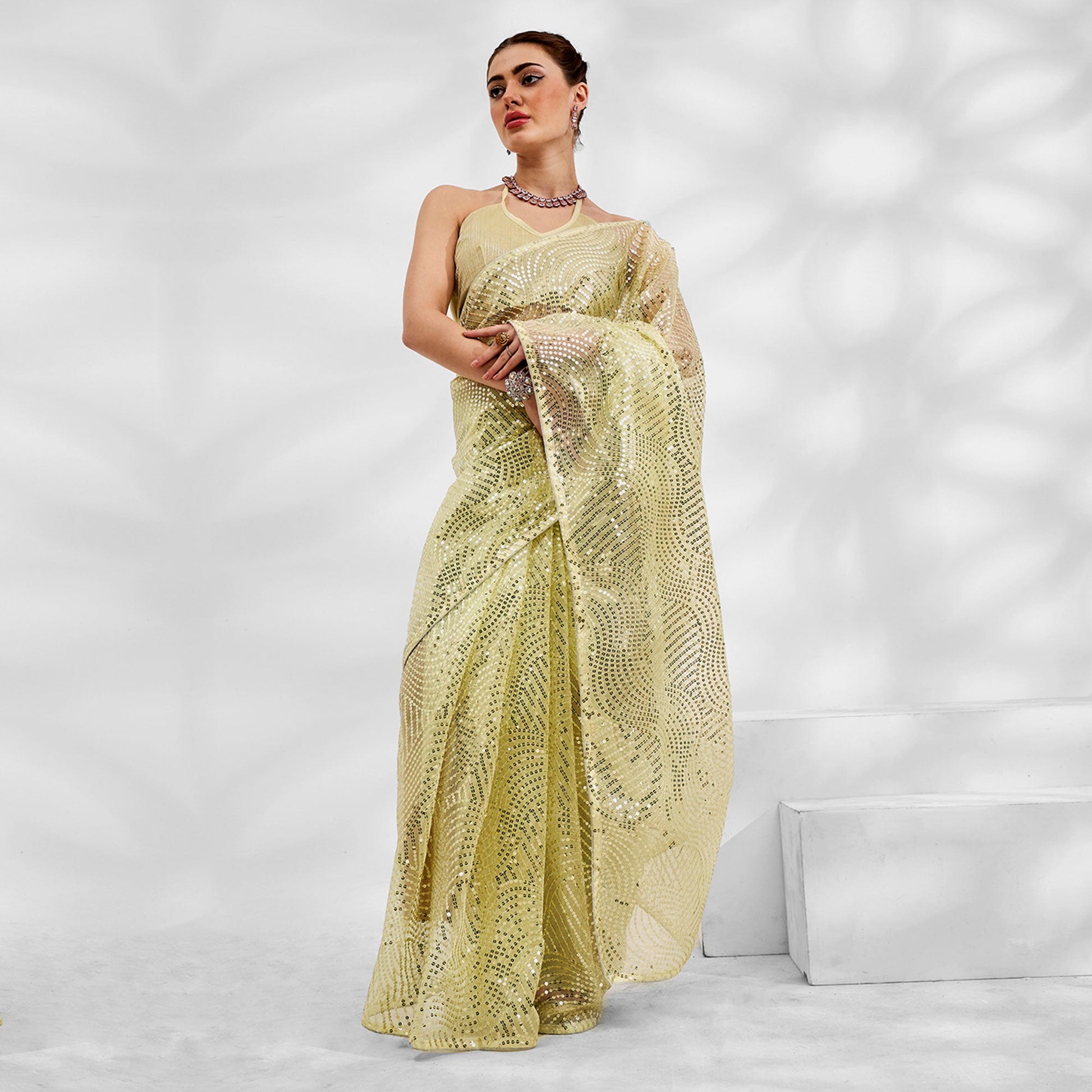 Lemon Yellow Embroidered Sequinned Organza Saree