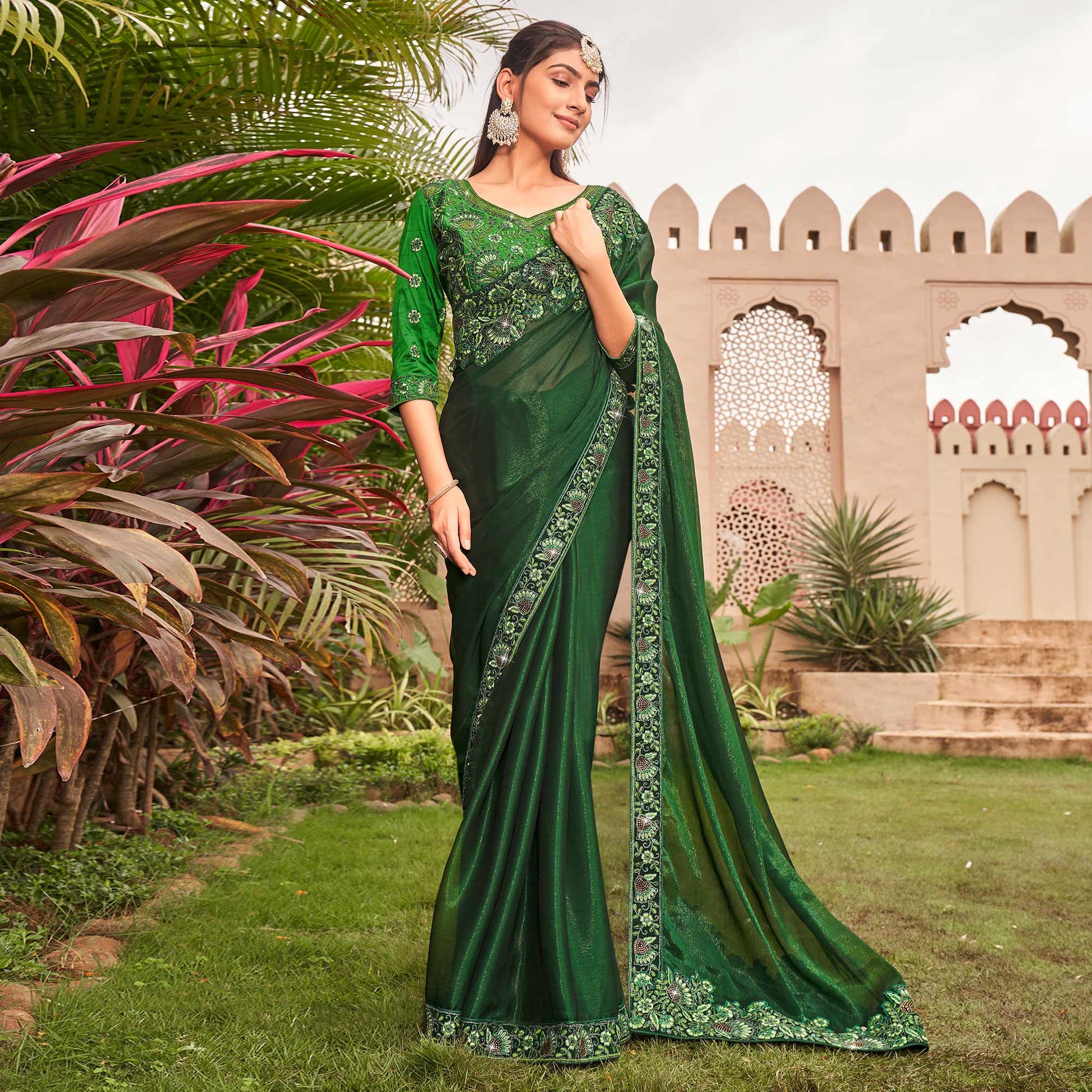 green-solid-with-embroidered-border-chiffon-saree