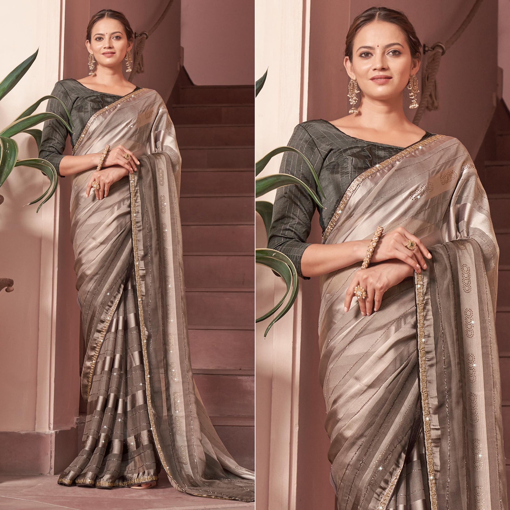 Light Brown Swarovski Work Georgette Saree
