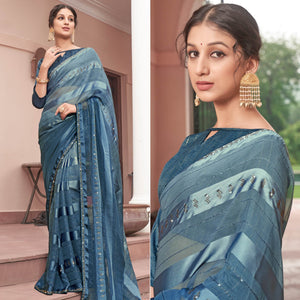 Blue Swarovski Work Georgette Saree